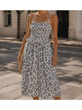 Polo Ralph Lauren Blue Floral Smocked Waist Tufted Midi Dress Size M